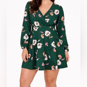 Express Green Floral Long Sleeve Dress Womens Large Polka Dot Fit Flare